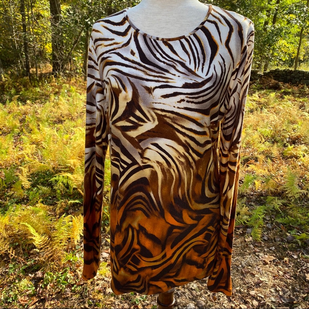 YANSI FUGEL TOP TEE LONG SLEEVE BROWN ORANGE ANIMAL PRINT Size L